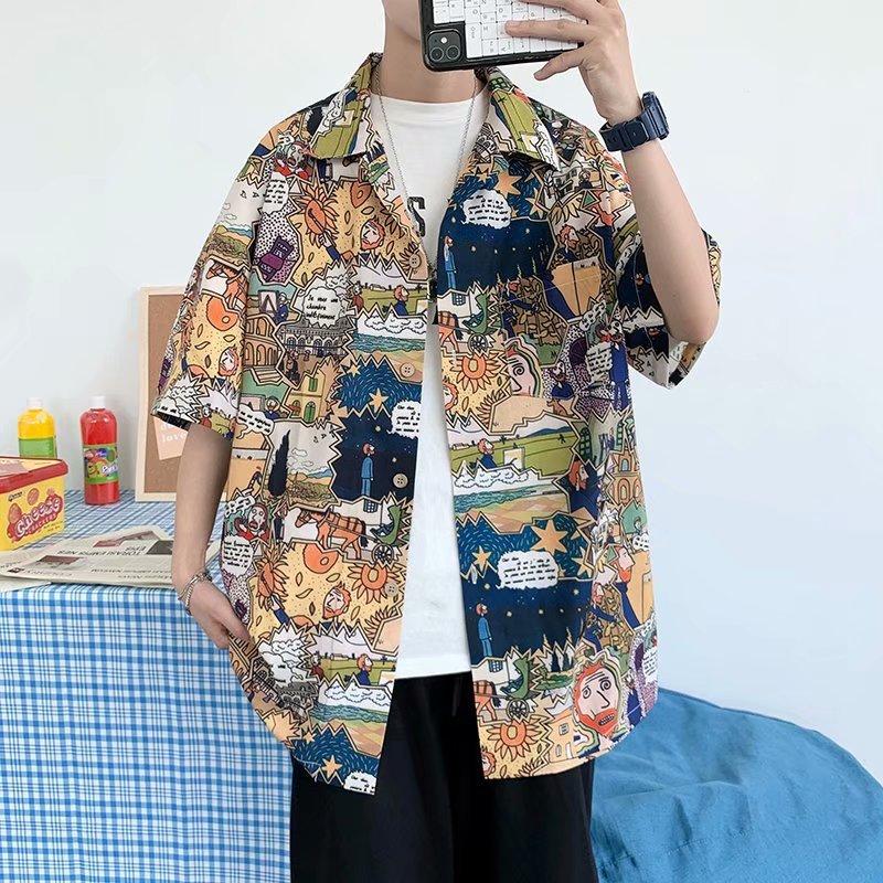 

Tide Brand Полная печатная рубашка с половинными рукавами Мужская пара с короткими рукавами Футболка Мужской Национальный Tide Футболка Мужская блузка Рубашки для мужчин