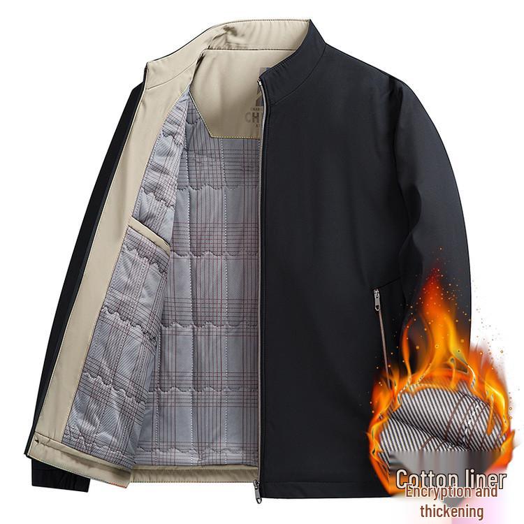 Men's Autumn/Winter Cotton Stand-up Collar Jacket - Business Casual, Solid Color, Thicken, Dad's Style