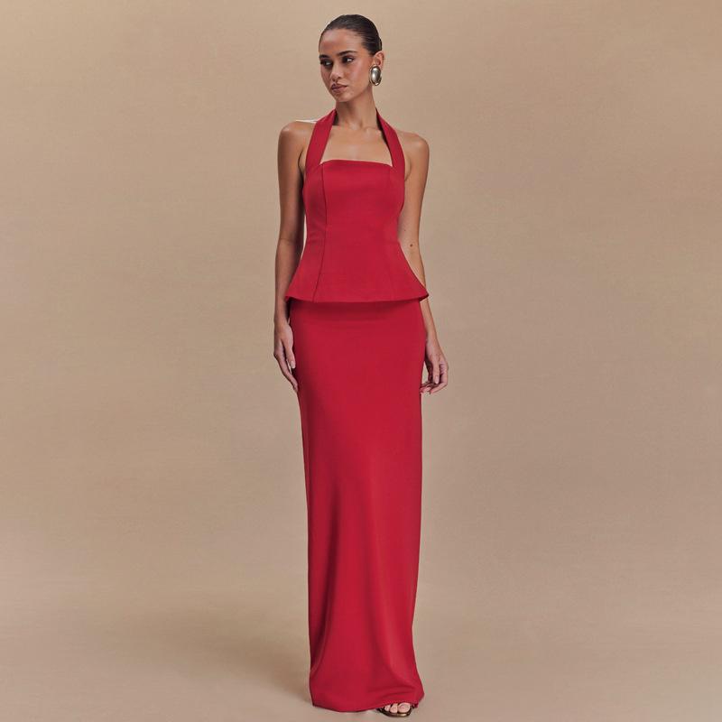 Elegant Halter Top Skirts Set Women Solid Color Backless Sleeveless Crop Tops Split Long Skirt 2025 Spring Summer New Ladies Outfits