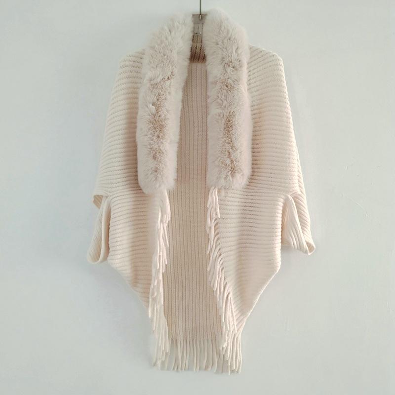 

Women s Stylish Autumn & Winter Knitted Cardigan Shawl with Rabbit Fur Collar брудно-білий