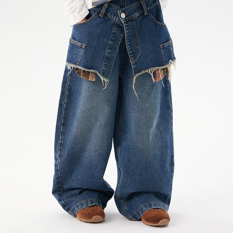 

Ретро Диагональный Джинсовый Стиль Осень 2025 Синие Комбинированные Кюлоты Длинные Повседневные Брюки Extra Small синий