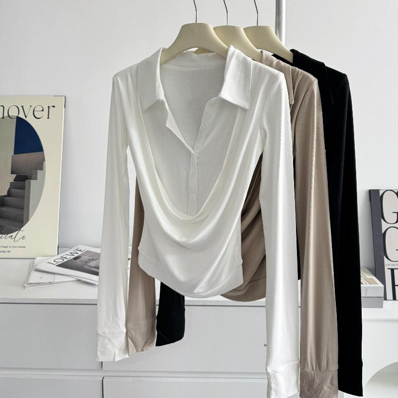 French Elegant Swing Collar Fake Two Piece Tops Women White Black Slim Fitting Long-sleeved T-shirt Korean Fashion Patchwork Casual Clothes