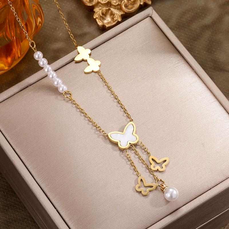 White Shell Butterfly Tassel Titanium Steel Necklace: Elegant, Durable, Internet Celebrity Style Clavicle Chain for Women