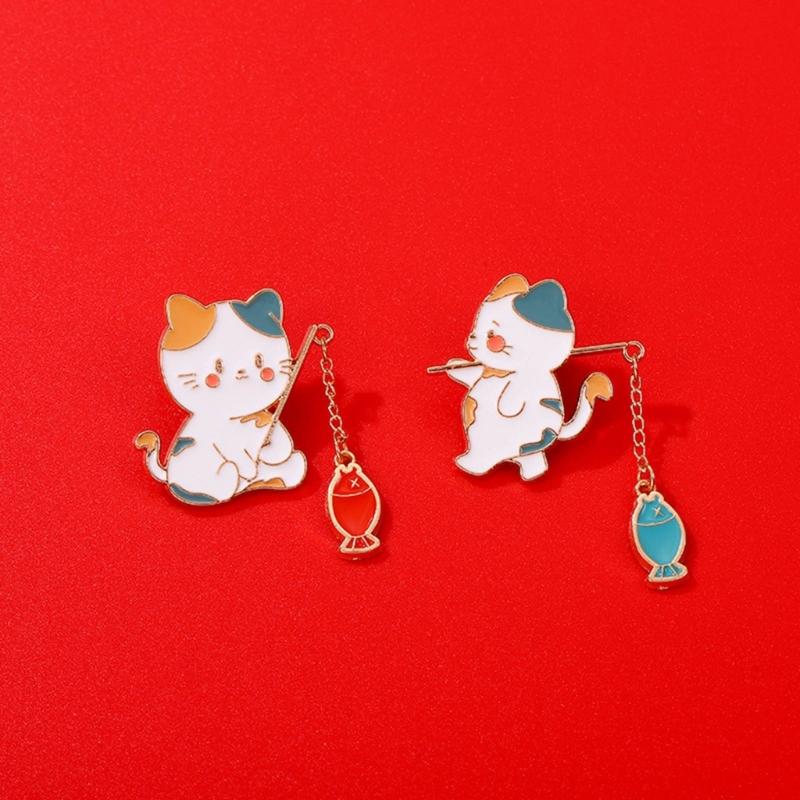 Cat Fishing Brooch Cute Cartoon Fishing Cat Brooch Cowboy Badges Pin Alloy Material for Bookbags Clothes Decorations