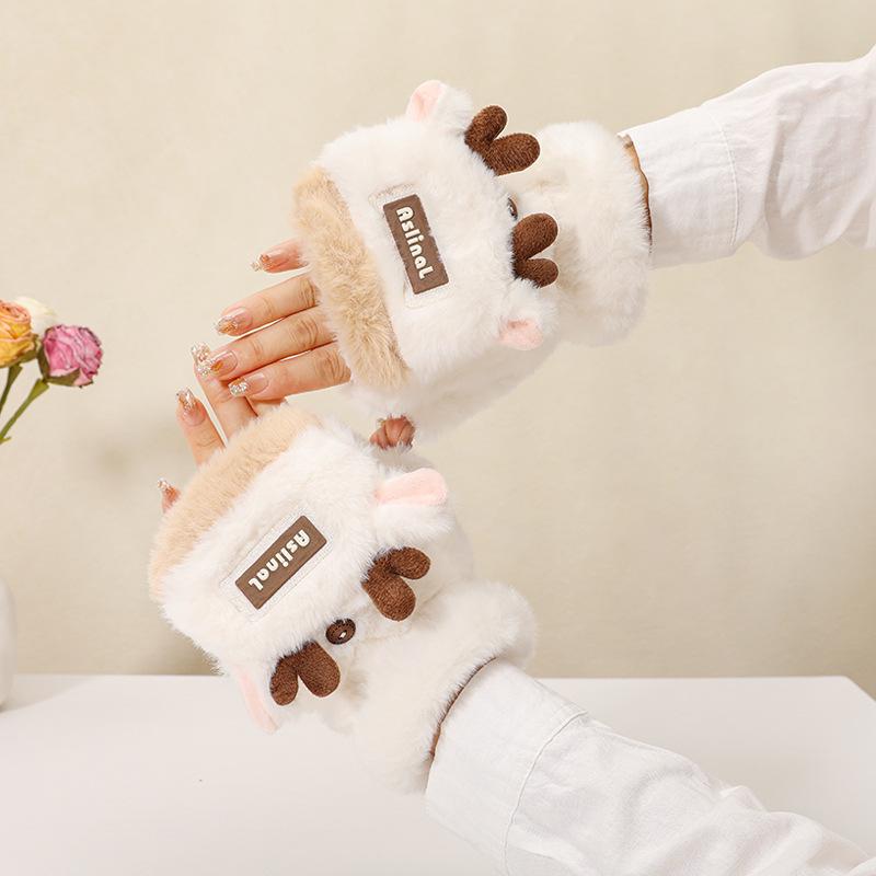 Women's Winter Warm Color Block Reindeer Flip Fingerless Gloves - Fleece Lined, Thickened & Anti-Freeze for Writing & Cycling