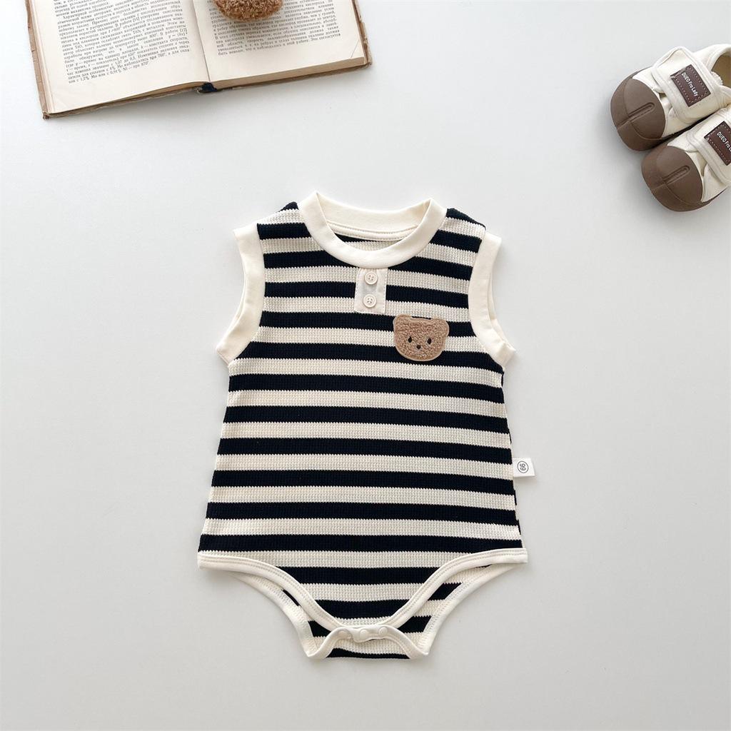 Summer Striped Sleeveless Cartoon Baby Onesie