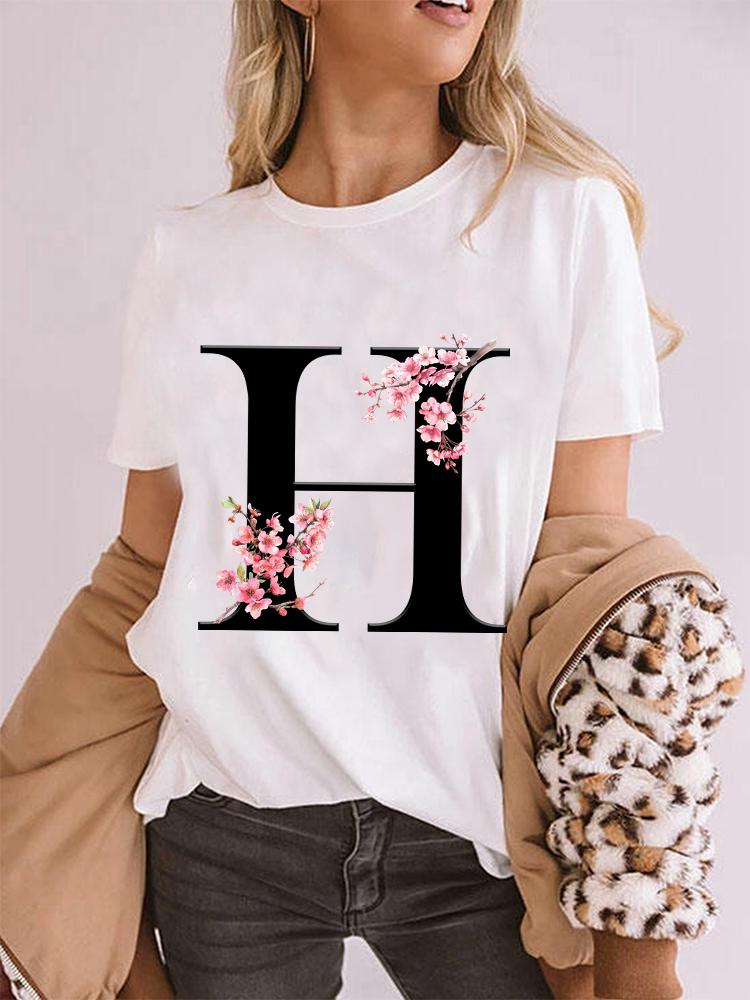 Elegant Cherry Blossom Initial Az Tshirt Unisex Crewneck Floral Letter Graphic Girls Y2k Tops Fashion Mama Birthday Gift Tshirt
