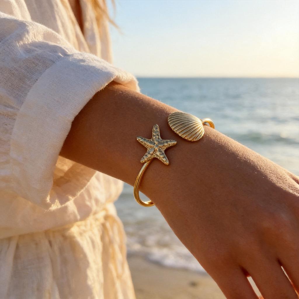 Minimalist Starfish Shell Cuff Bracelet for Women Gold Color Stainless Steel Bangle Ocean Style Bracelets Fashion Wrist Jewelry