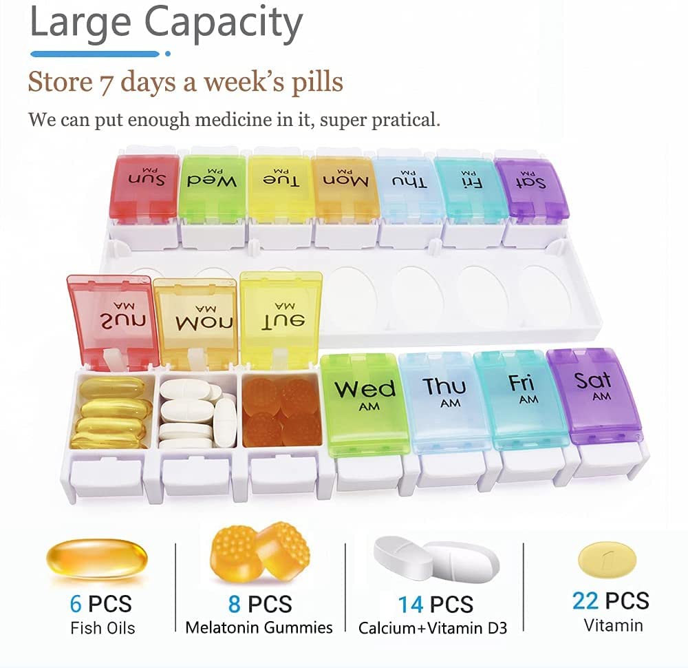 Rainbow Weekly Pill Organizer 2 Times a Day Large Daily Pill Box with Easy Push Button Design BPA-Free Medication Case for Pills