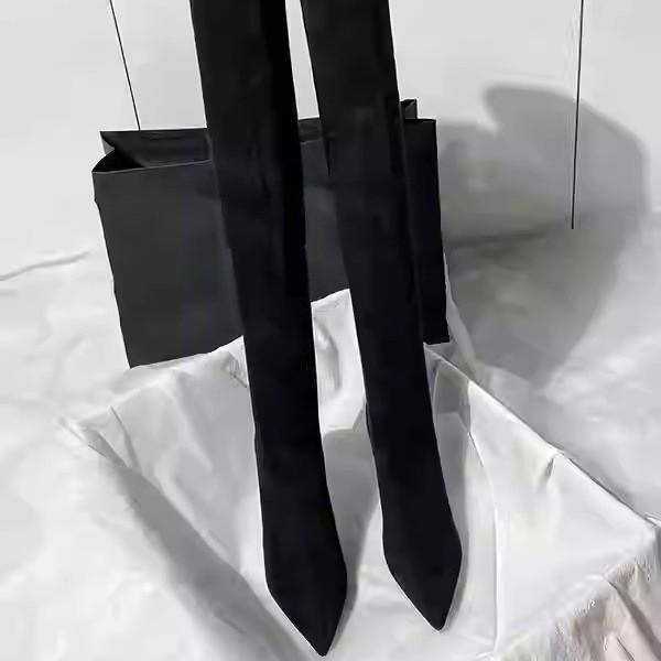 Black high-heeled knee boots women's new autumn and winter elastic suede pointed high boots