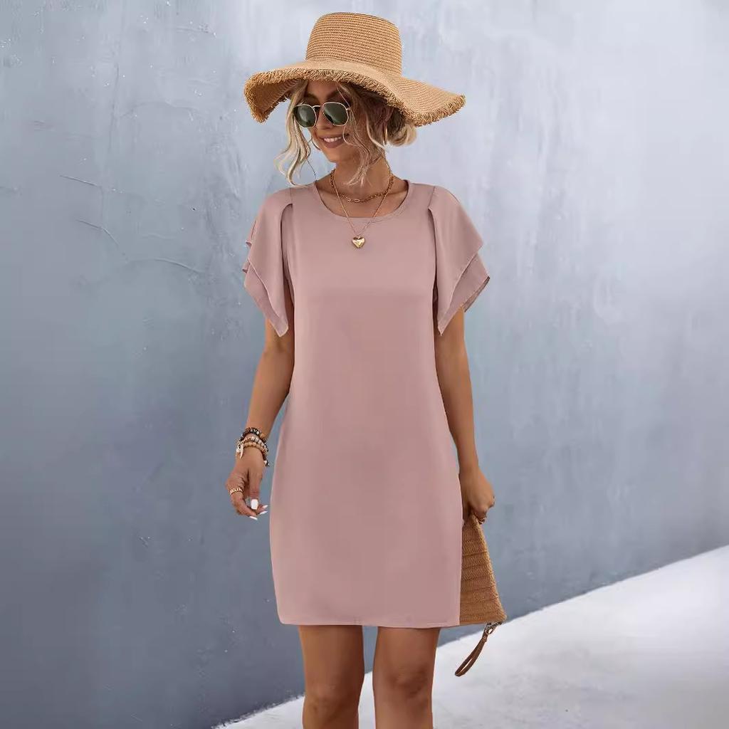 Spring Summer Women's Double-layer Lotus Sleeve O-Neck Short Sleeve Pocket Dress