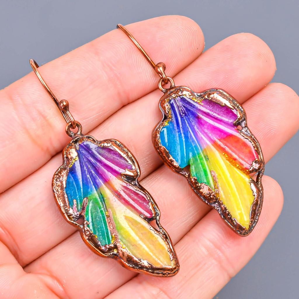 Natural Rainbow Solar Quartz Copper Birthday Dangle Drop Ethnic Earrings Jewelry V-2