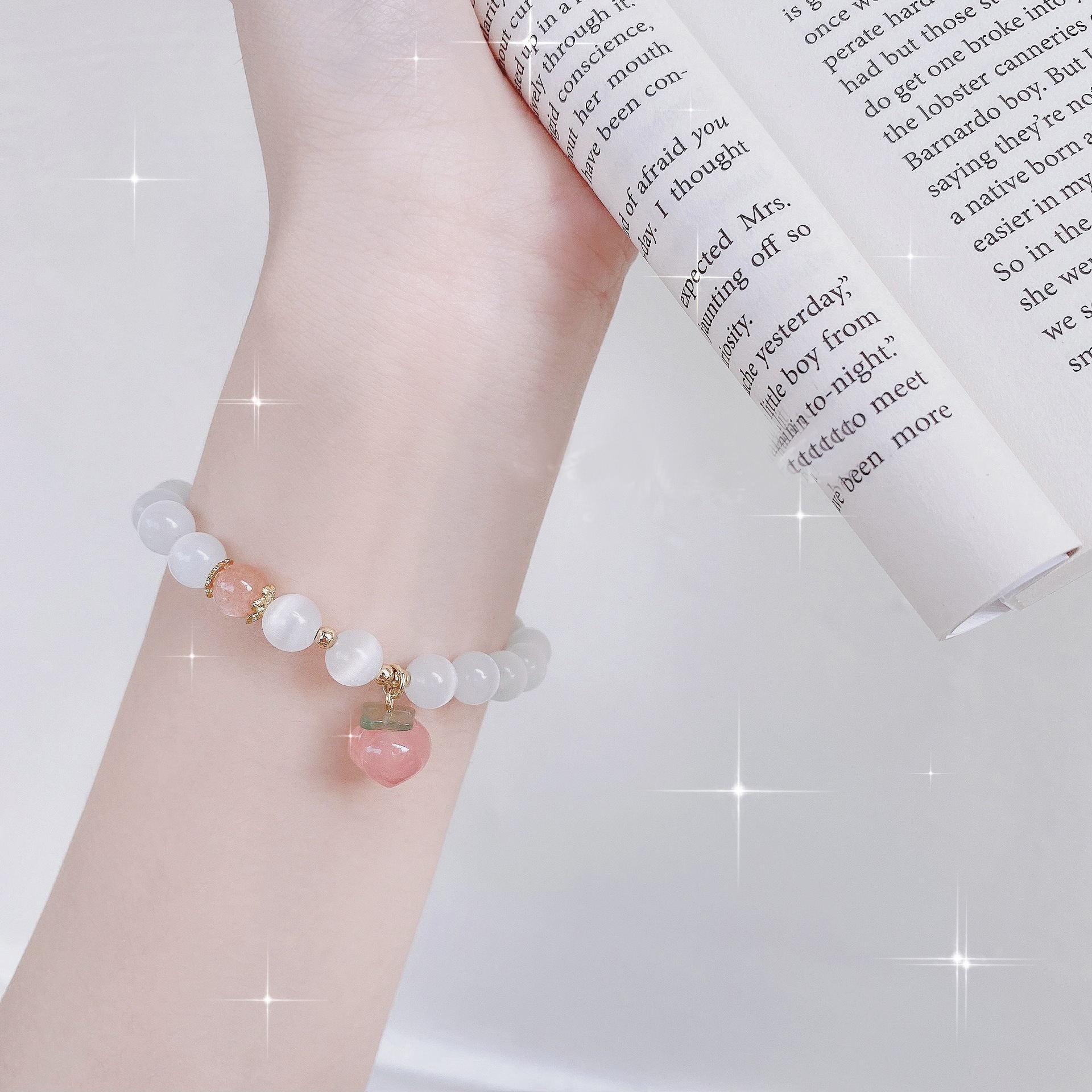 

Natural agate cat s eye stone crystal bracelet, unique design, birthday gift for best friend or girlfriend Peach bracelet