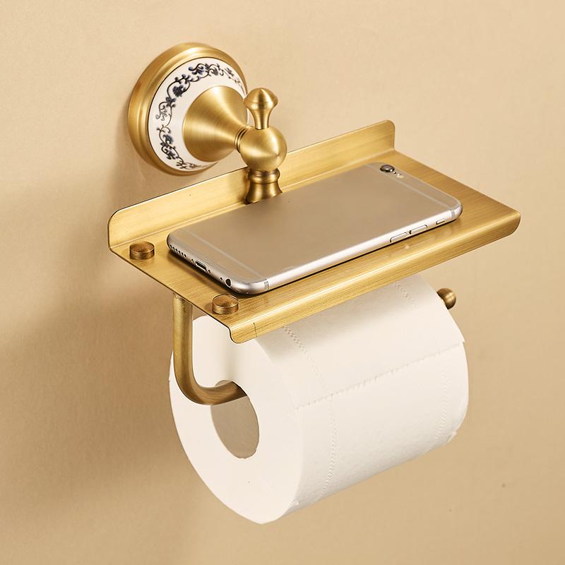 Antique Brass Toilet Paper Holder Wall Mount Brushed Gold Toilet Tissue Holder with Cell Phone Storage, Antique Bronze EL86W