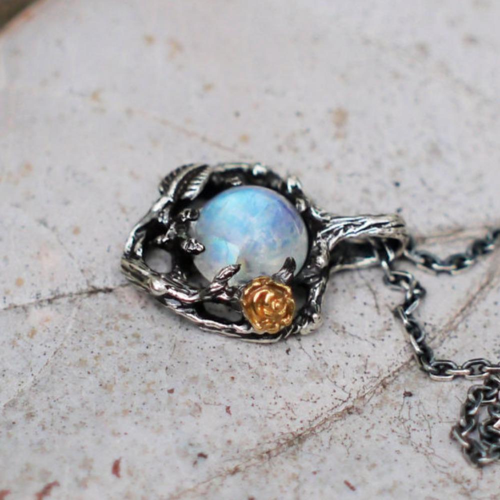 

Colorful Synthetic Moonstone Rose Pendant Necklace Vintage European American Leaf Branch Multicolor Jewelry