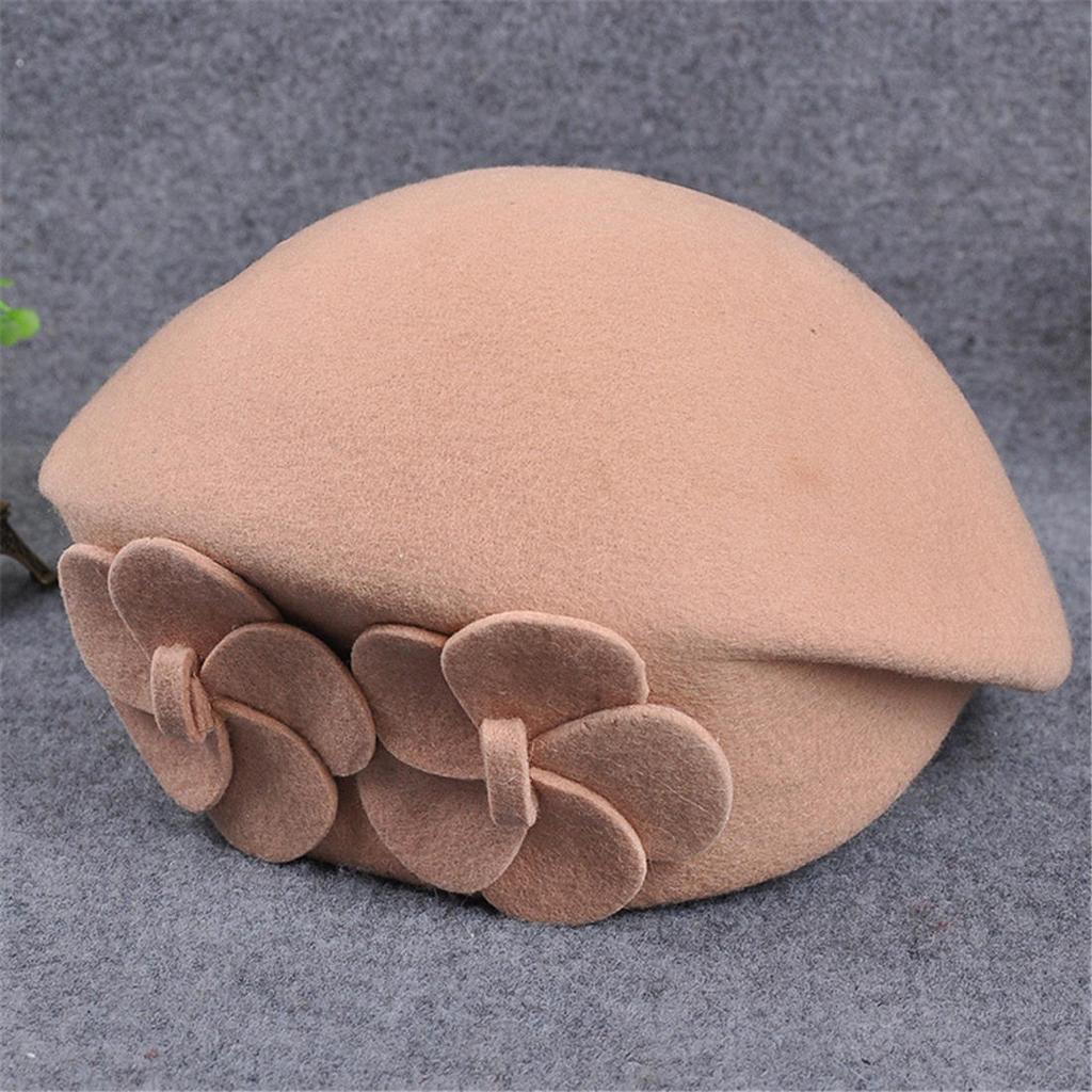 Elegant British Style Double Flower Woolen Beret Hat Ladies Winter Wool Felt Hat Airline Stewardess Cap
