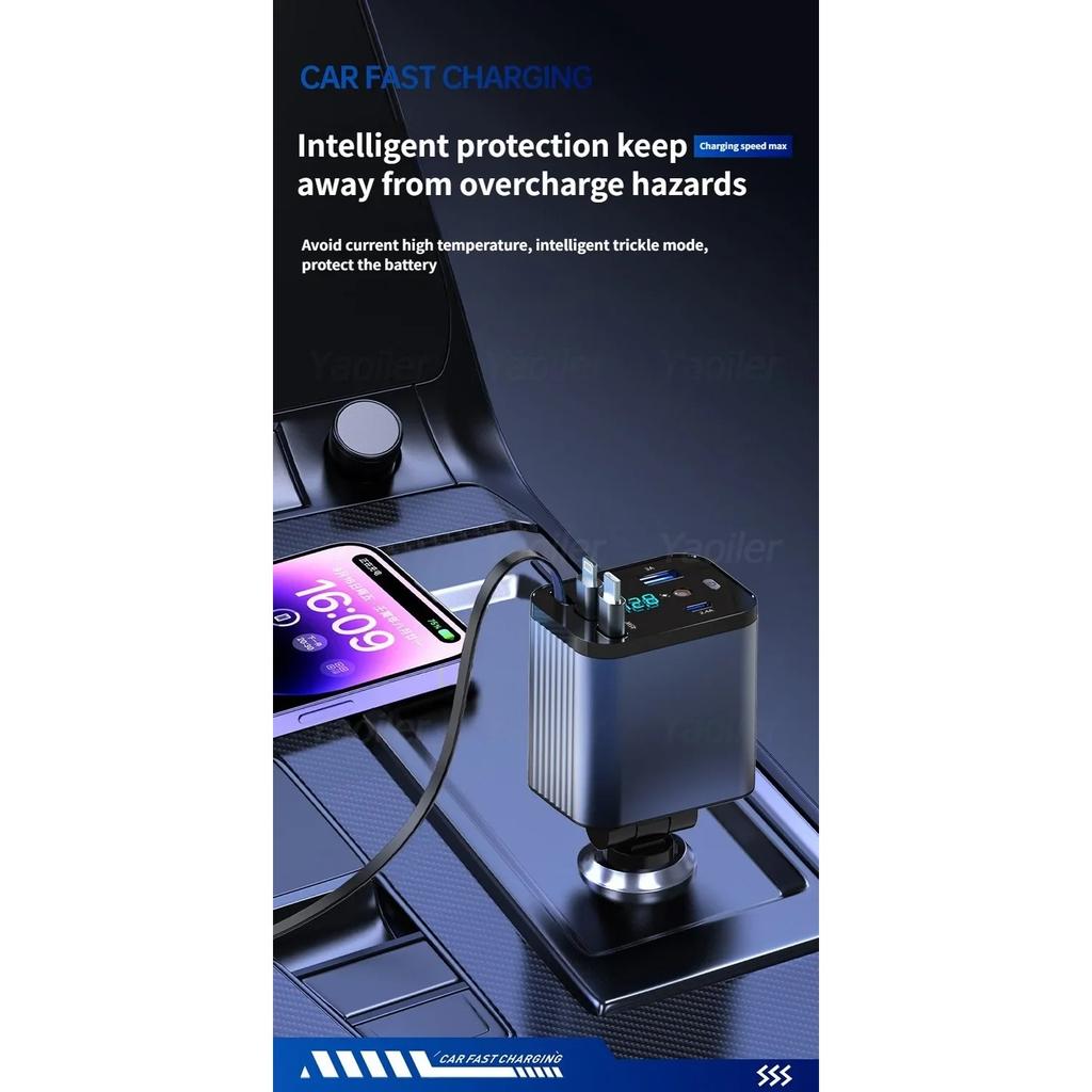 120W Retractable Car Charger Adapter, 5-in-1 Fast Charging USB C Starry Sky Phone Charger with 3 Retractable Cables,for IPhone