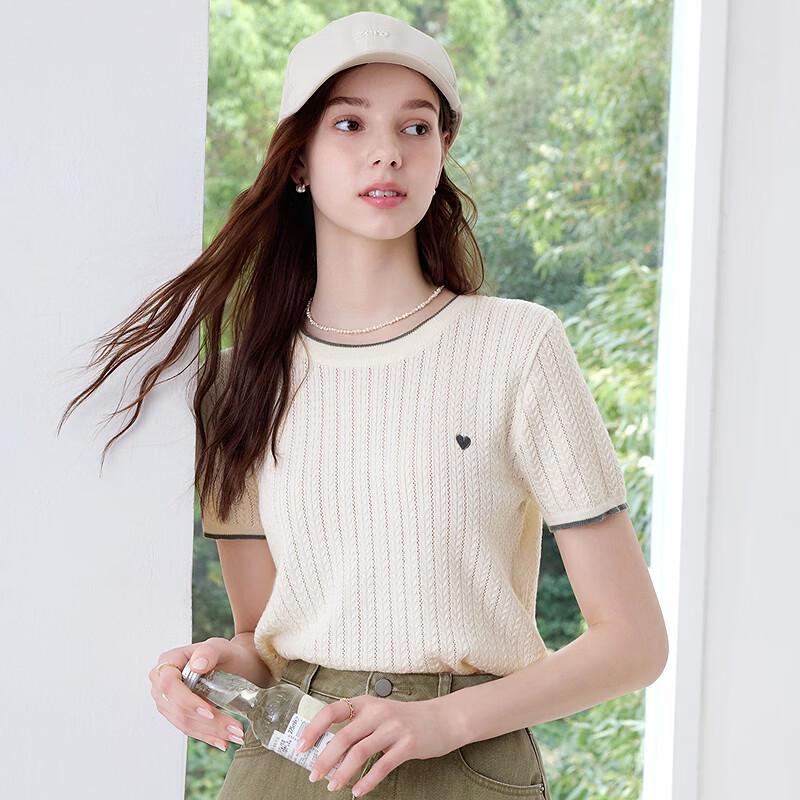Betu Women's Summer Heart Embroidered Short Sleeve Knit Top