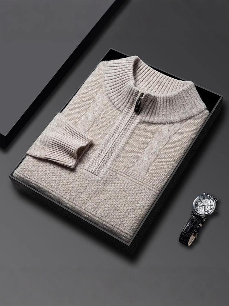 Herren-Strickpullover aus reiner Wolle, dick, für Herbst & Winter, mit halbem Reißverschluss