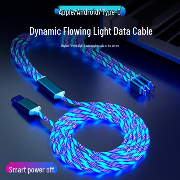 Three-in-One Fast Charging Cable with Flowing LED Lights for Android, iPhone, and Type-C - Seven-Color Night Light