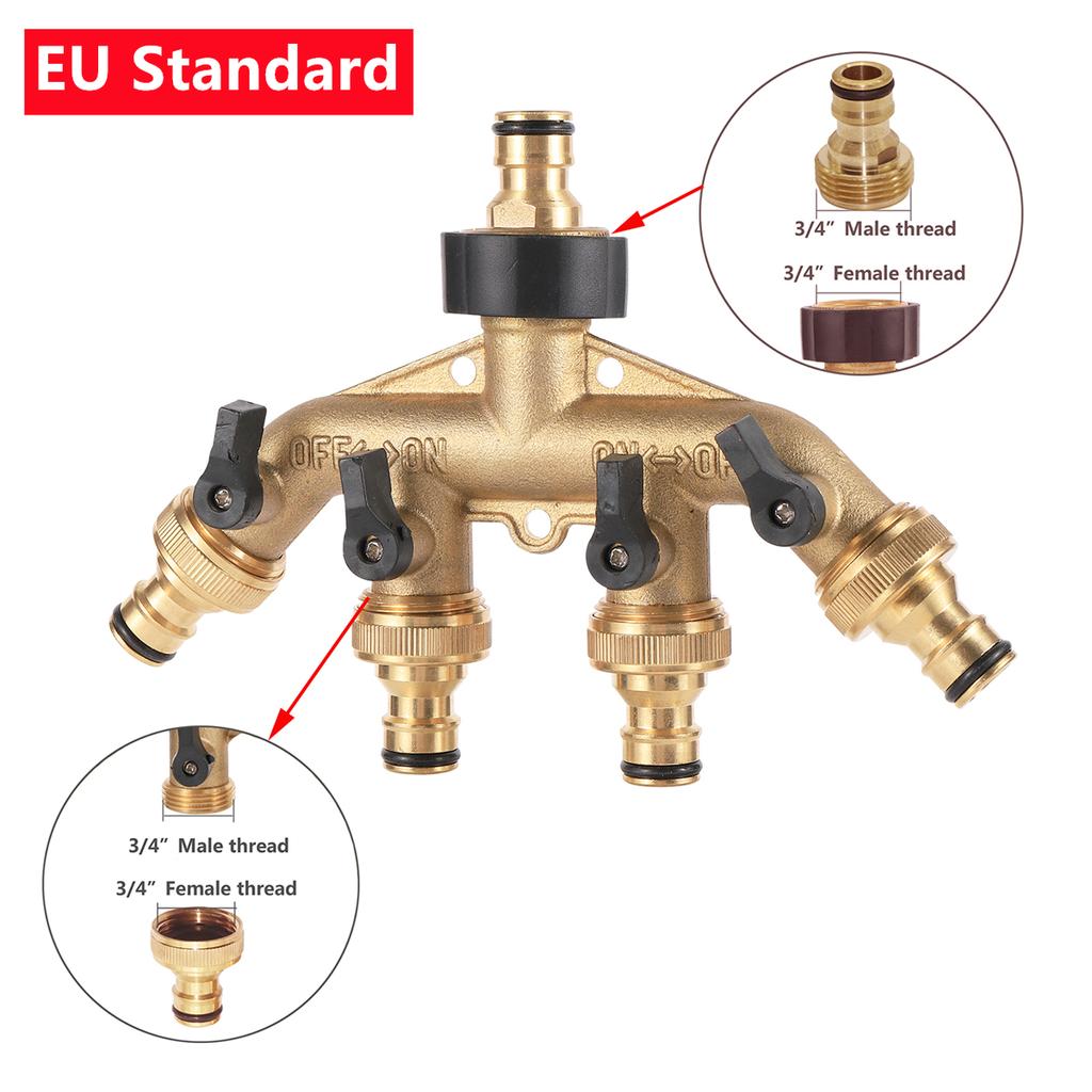 Brass EU/US 3/4" Female/Male Thread 4-Way Water Splitter With Valve Garden Irrigation Multi-Way Joint Tap Pipe Nipple Connector