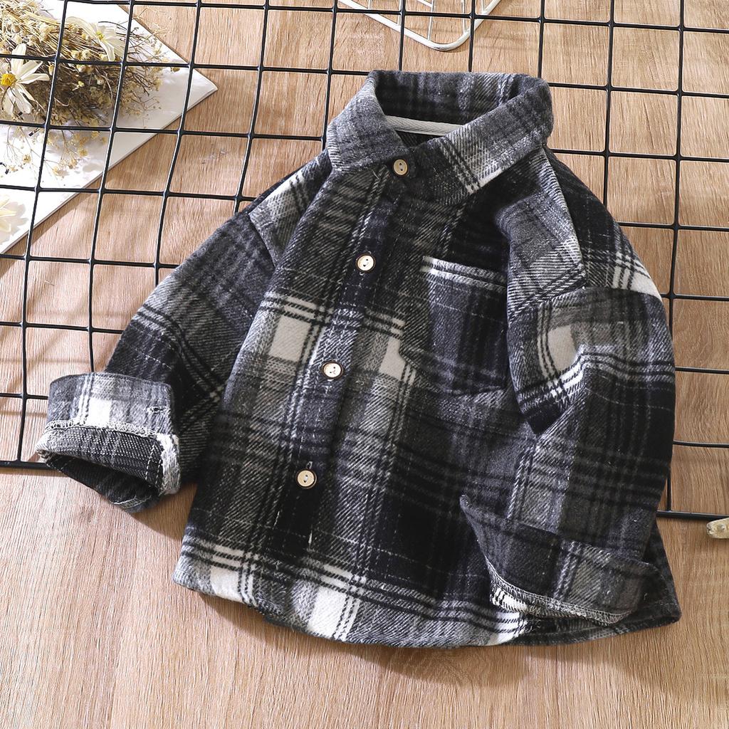 Boys Shirt Long-sleeved Autumn Models Plaid Shirt Children Retro Color Blocking Cardigan New Lapel Blouse Jacket Girls