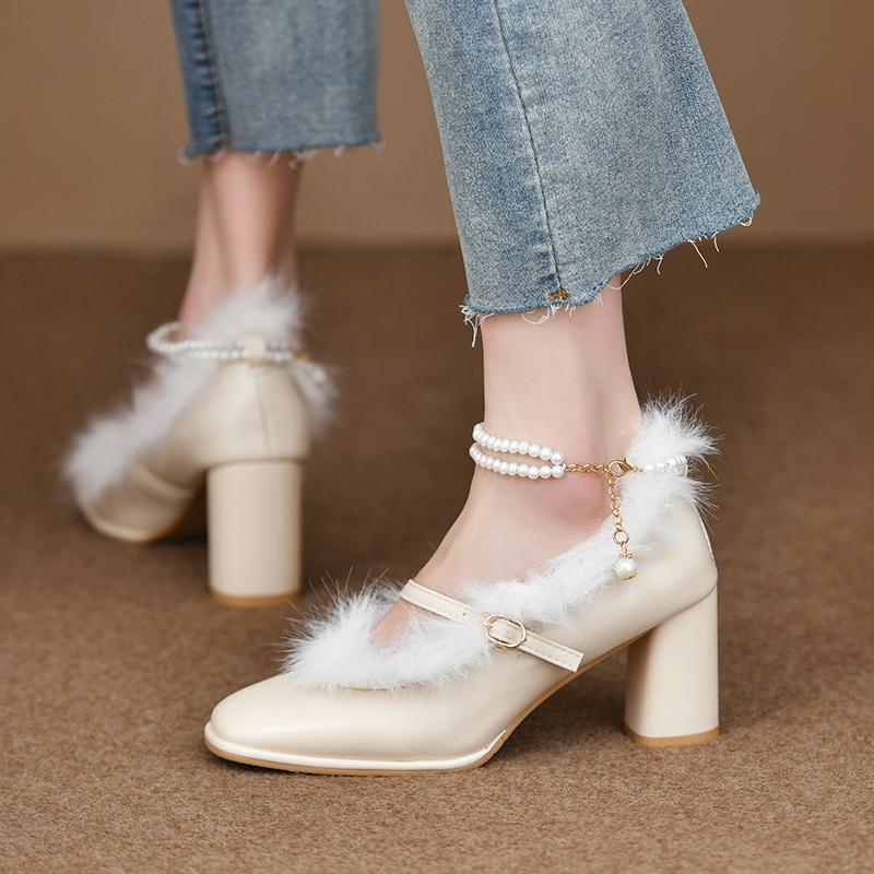 Fashion Women's Thick Heel Cotton Shoes Winter New Square Head Shallow Mouth Word with Anti-slip Wear-resistant High Heels