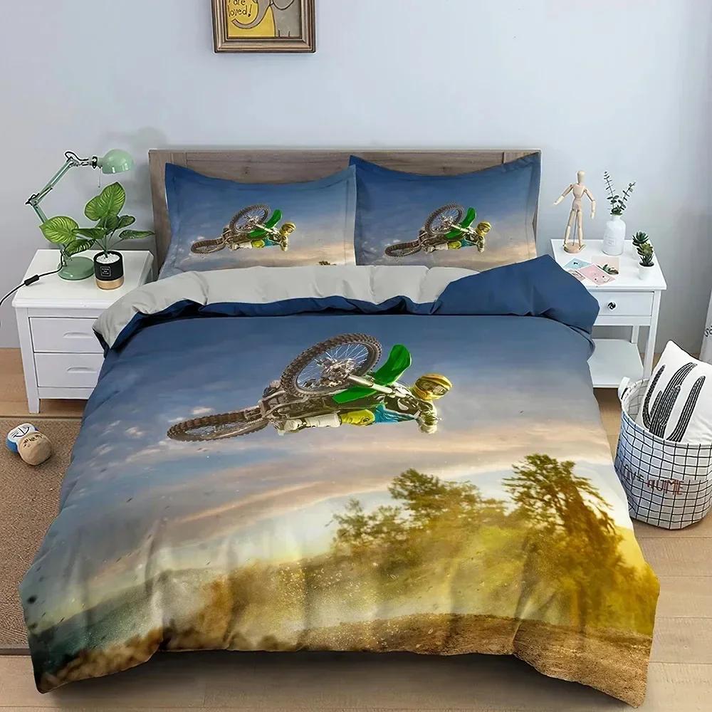 Top Motocross Off-road Race Motorcycle Dirt Bike Rider Bedding Set Twin Queen Size Duvet Cover Pillowcase Bed Kids Adult