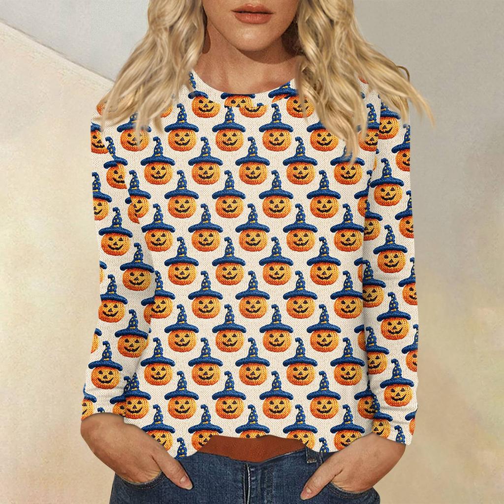 Women's Fashion Casual Halloween Printed Round Neck Long Sleeve Pullover Top