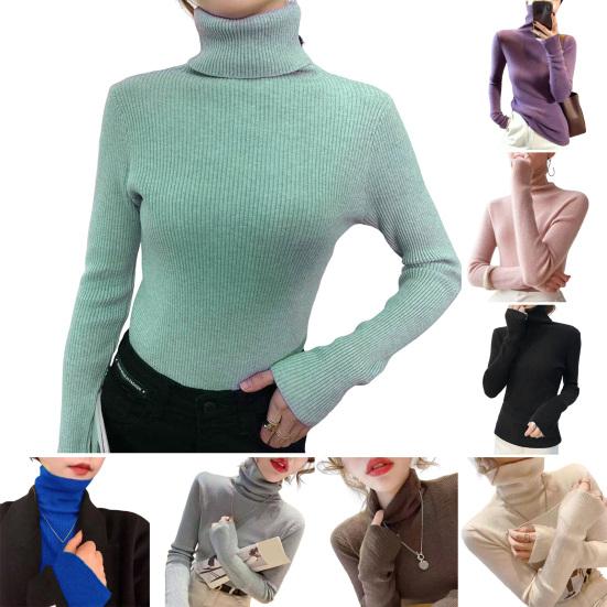 Women Sweater Turtleneck Long Sleeve Solid Color Bottom Tops High Elasticity Regular Fit Knitting Tops Knitwear