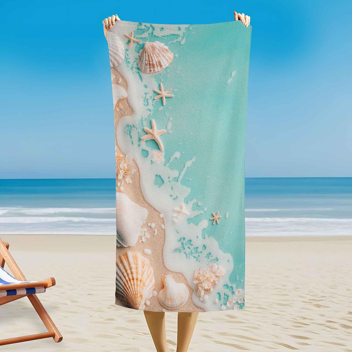 

Artistic Seashell Starfish Beach Towel, Coastal Ocean Pattern Quick Dry Absorbent, Large Sand Free Travel Pool Essentials W30*H60(CM)