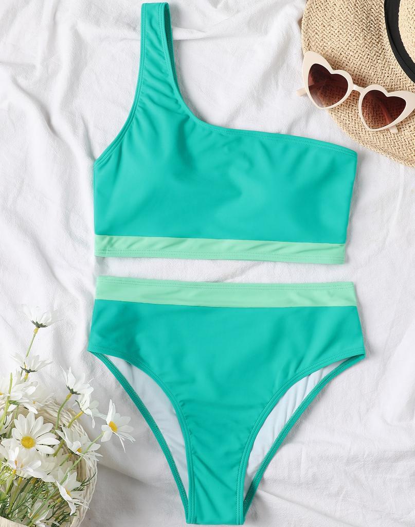 Dámské plavky Colorblock na jedno rameno sexy bikini s vysokým pasem na zádech, plavky na pláž