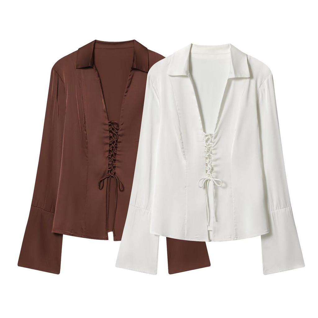 Autumn Women's Slimming Satin Tie-Up Flare Shirt