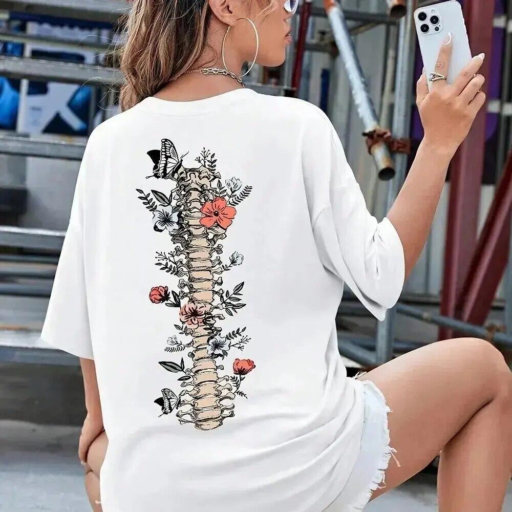 Floral & Skeleton Print Cotton T-Shirt for Women Motivational Grow Through It Personality Female Tee Oversize Tops Soft Clothes