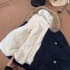 Women's Short Parka Jacket Hooded Faux Fur Collar Contrast Stitching Zip Up Ribbed Hem Winter Coat