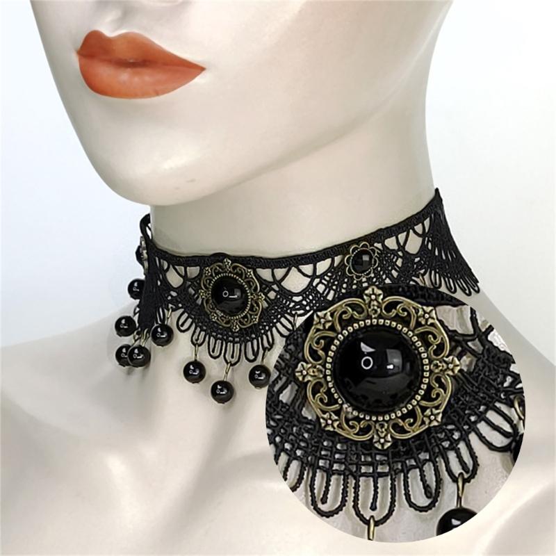 Gothic Lace Floral Choker for Women Choker Handmade Collar with Dangling Beads Adjustable for Bachelorette Party Wedding