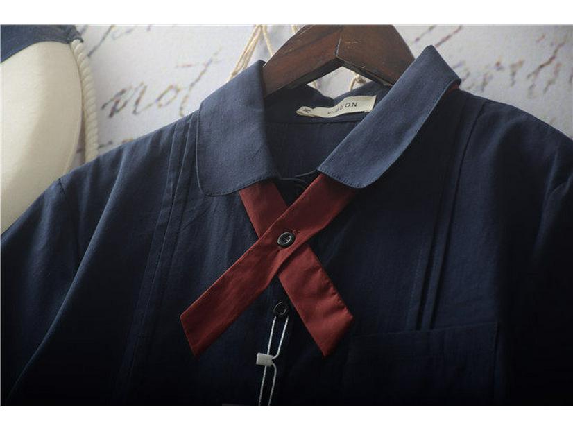 Women's Summer Loose Fit Bellows-Pleated Short-Sleeve Shirt with Bow Tie - Japanese School Style