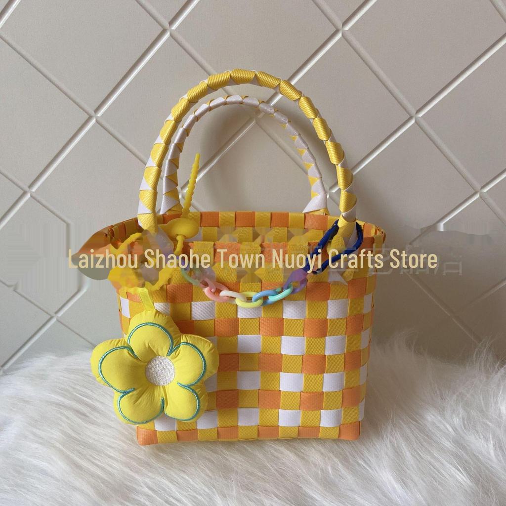 Γυναικεία Υφαντή Καλοκαιρινή Τσάντα Παραλίας: Απλή Πλαστική Τσάντα Χειρός, Μικρός Τετράγωνος Σχεδιασμός για Ψώνια και Παιδιά.