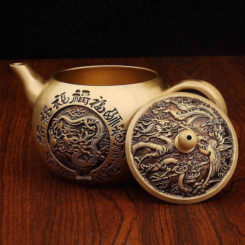 Brass Kung Fu Tea Set with Dragon, Phoenix, and Fu Character Design - Pure Copper Teapot and Ornaments.
