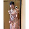 Seaside vacation temperament dress, gentle and chic in summer, small flying sleeves, floral long dress, waist and thin