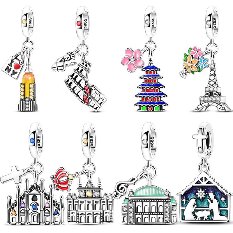 New 925 Silver Charms Beads Famous Eiffel Tower Colosseum Madrid Palace Pendant Charm For Bracelet DIY Women Jewelry