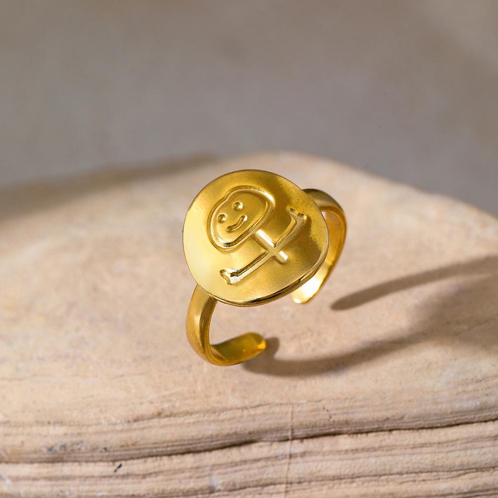 18K Gold Adjustable Smiley Face Open Ring for Women - Light Luxury, Simple, Colorfast Stainless Steel Jewelry