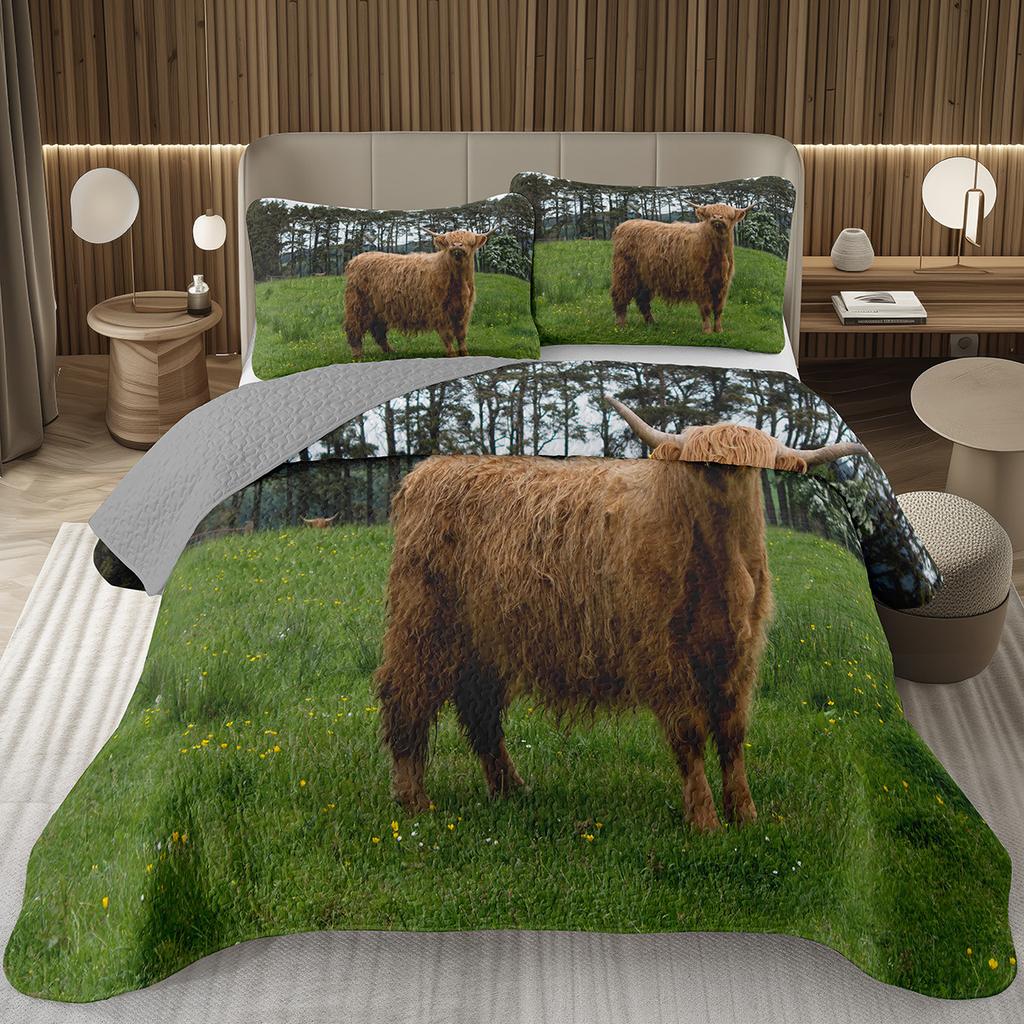 Hochlandkuh Tagesdecke Twin/King Bauernhoftier Stier Rind Überwurf Rustikaler Landhausstil Gestepptes Bettwäscheset Wendbare Tagesdecken