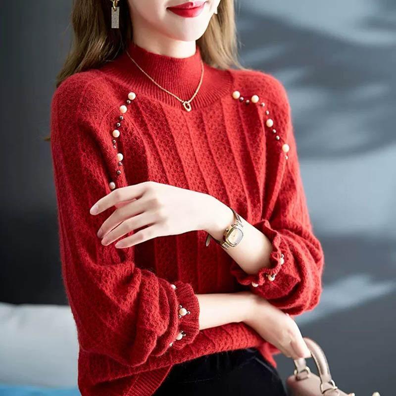 

Свитер для женщин Осень Зима Утепленный Теплый Вязаный Эластичный С длинным рукавом Водолазка Топы XXXL красный