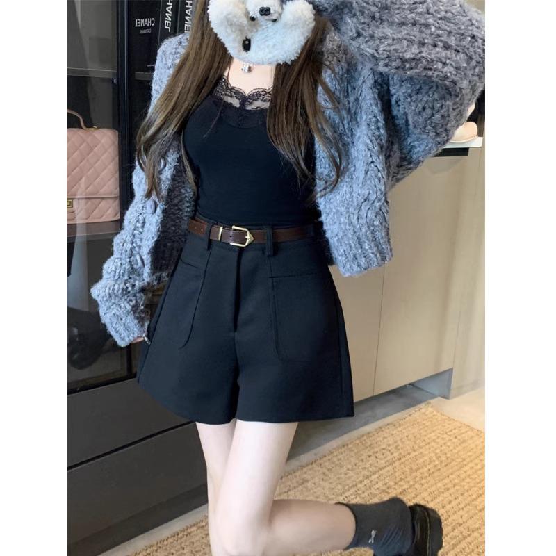 

2024 Ретро Кофе Шерстяные Шорты А-силуэта с высокой талией: Женские универсальные свободного кроя, широкие зимние повседневные брюки XS