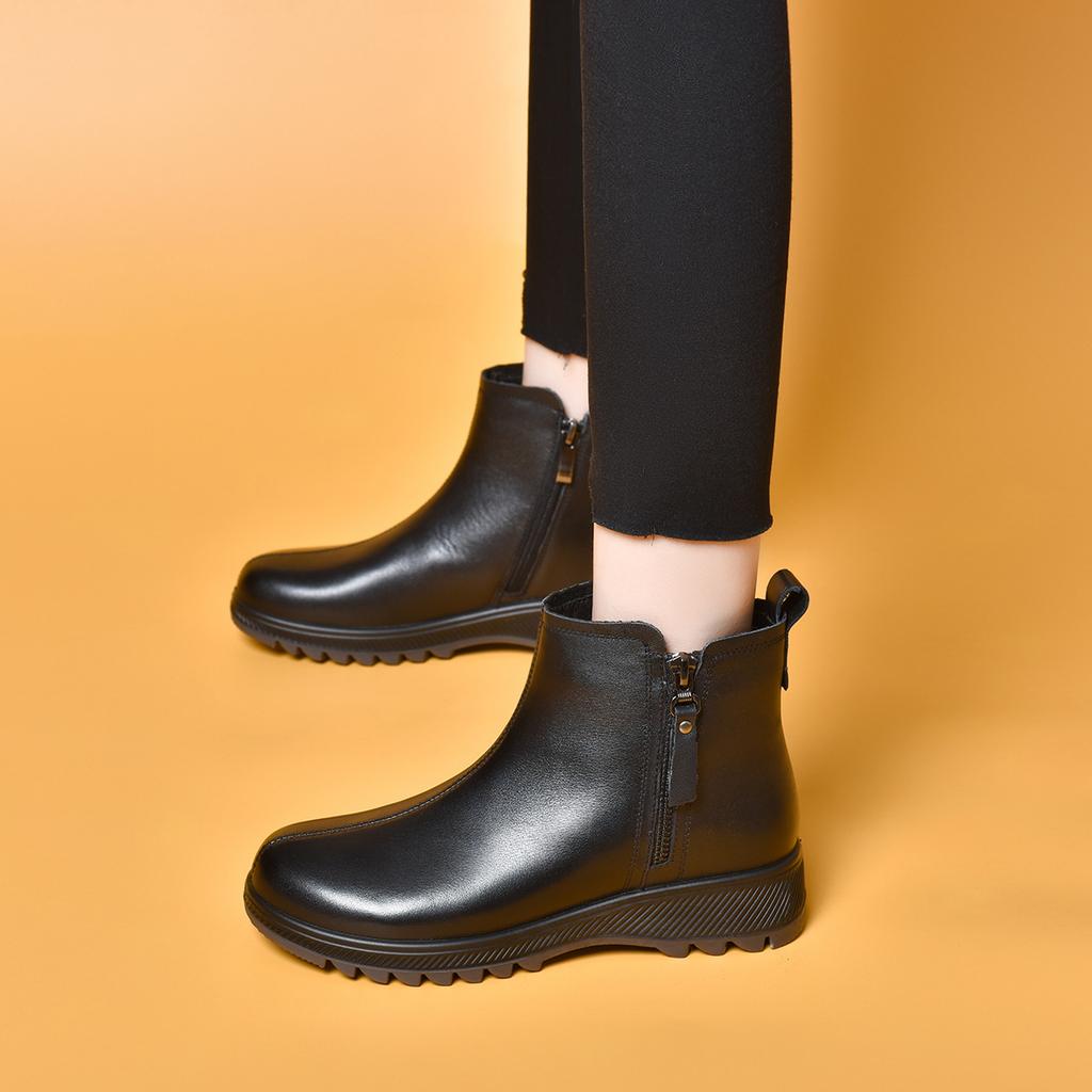 Short Boots Women's New Double Zipper Round Head Flat Bottom Women's Boots First Layer Cowhide Casual Cotton Boots