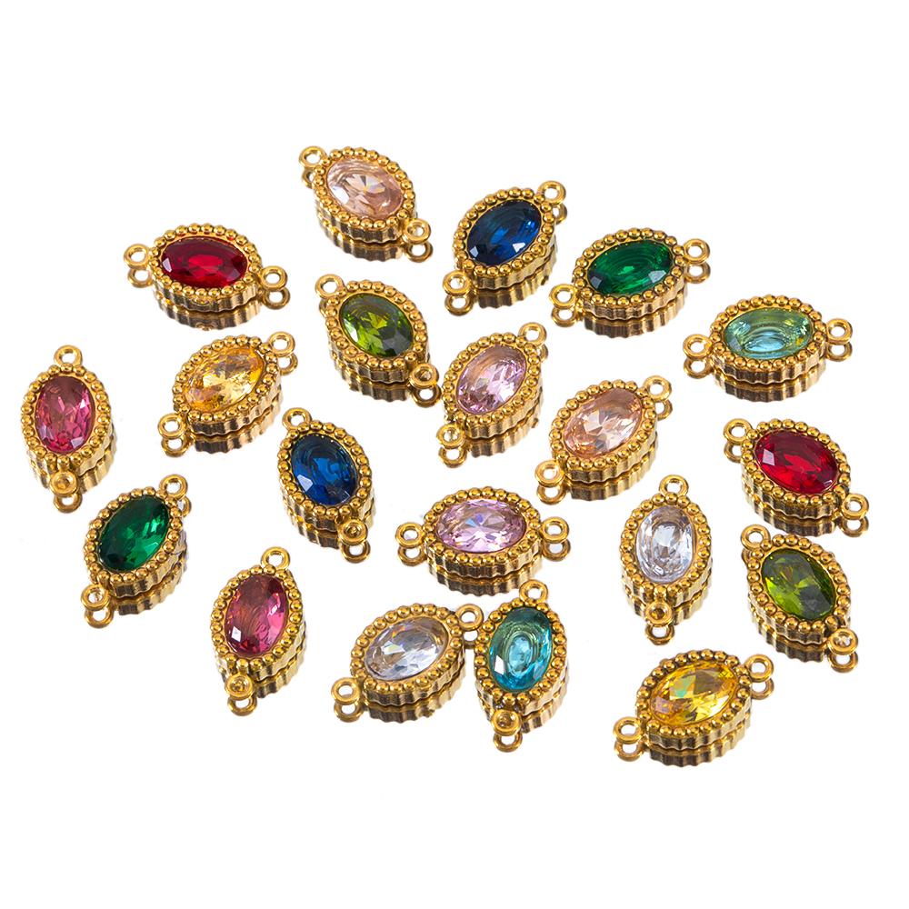 10pcs Colorful Crystal Charm Double Holes Bracelet Connector Stainless Steel Necklace Earring Oval Pendants DIY Jewelry Findings