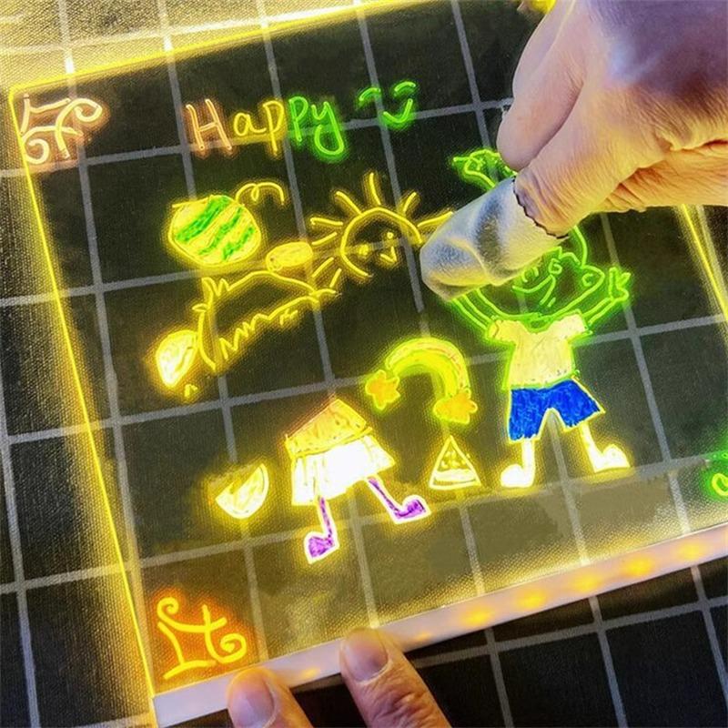 Rewritable DIY Children's Glowing Drawing Board Message Lamp With 7 Colorful Pens Light Up Acrylic Message Board