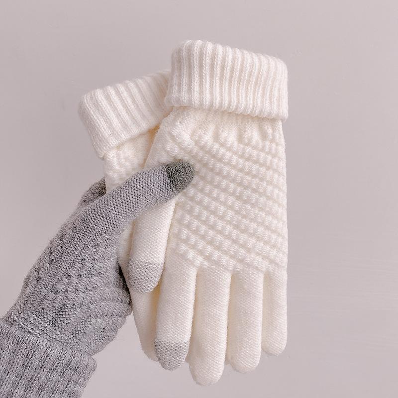 Autumn and Winter Warm Gloves Student Wool Knitted Thickened Velvet Cold Protection Riding Jacquard Finger Gloves Touch Screen Female