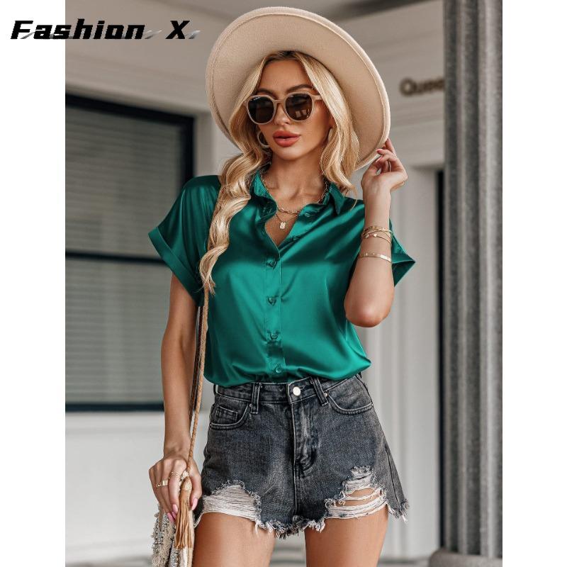 Dámská košile Hedvábná saténová košile s krátkým rukávem s knoflíkem přes rameno